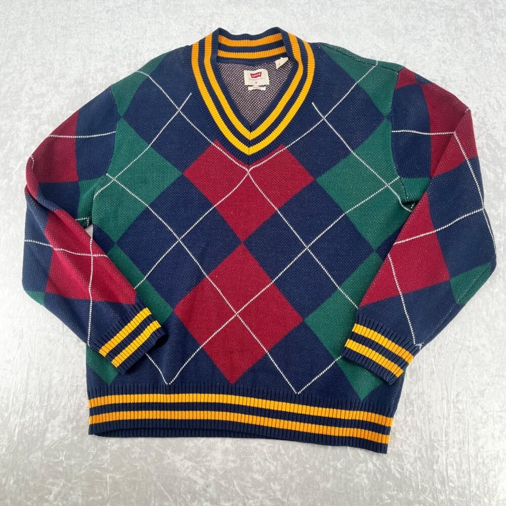 Levis Stay Loose Oversized V-Neck Argyle Sweater Medium Multicolor Cotton Blend - Picture 3 of 5